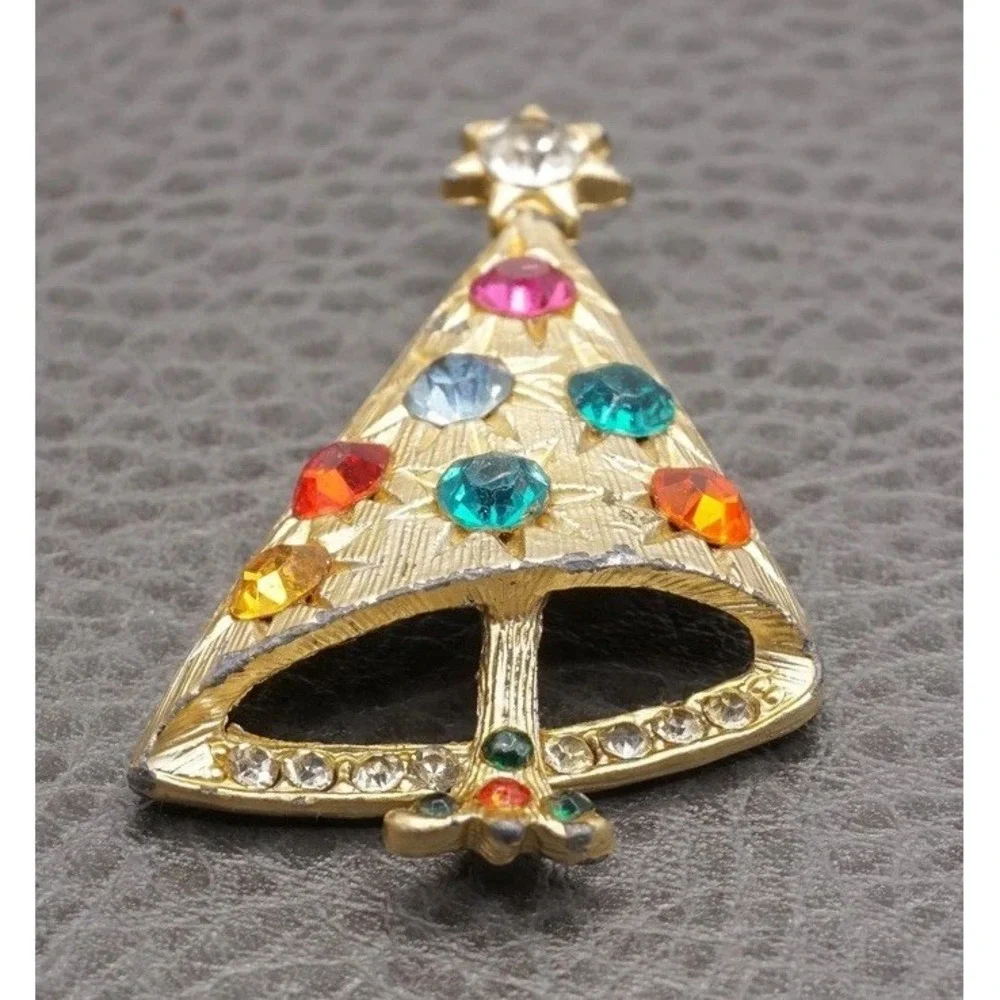 Vintage Christmas Tree Brooch MCM Modernist Multicolor Rhinestone Gold Tone